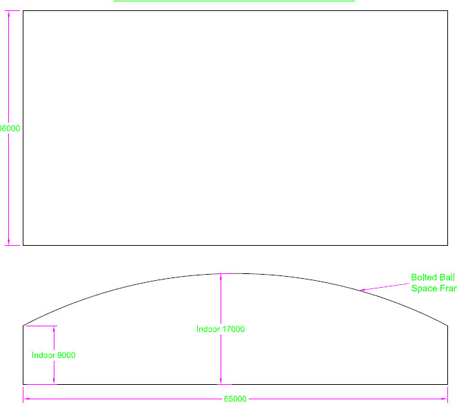 大石桥跨度65米，拱高8米网架